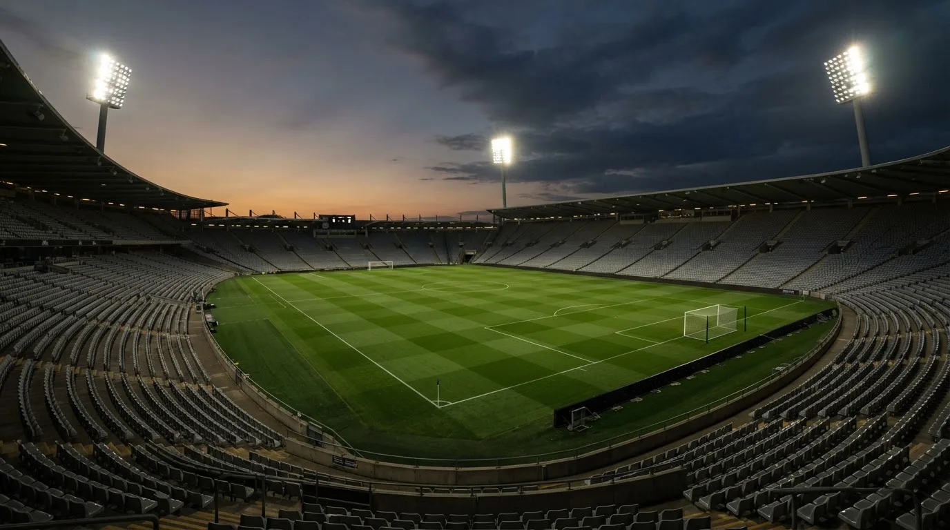 An empty football stadium with floodlight masts at dusk