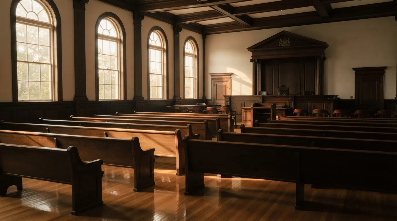 An empty courtroom with wooden benches in morning light