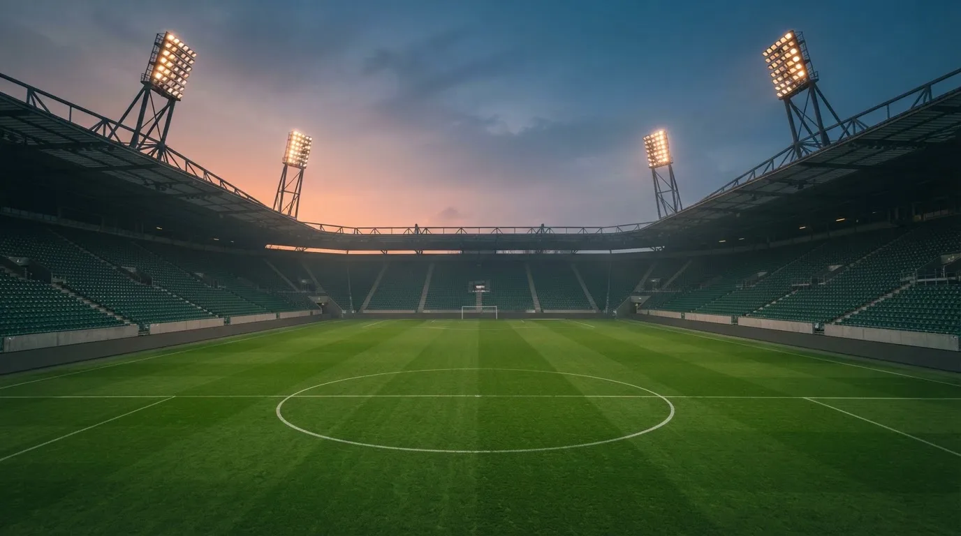 An empty football stadium with floodlight masts at dusk