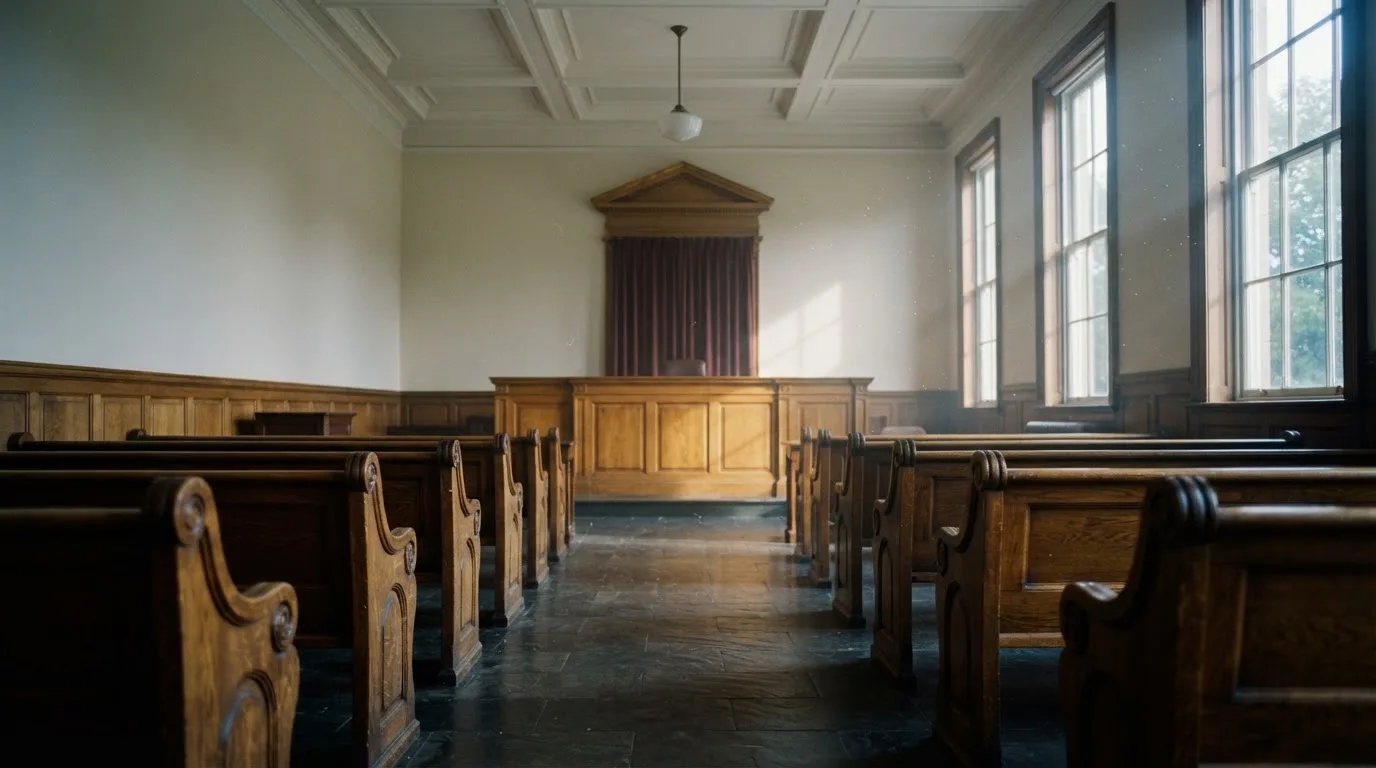 An empty courtroom with wooden benches in morning light