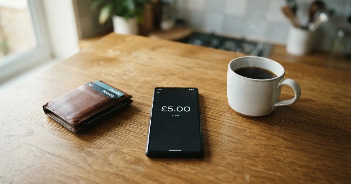 A smartphone on a wooden table beside a wallet and a coffee cup