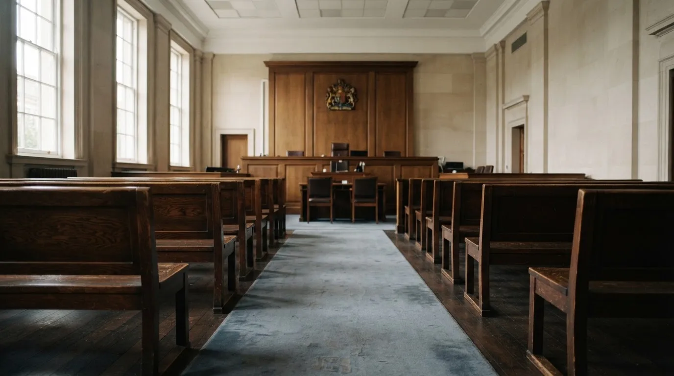 An empty courtroom with wooden benches in morning light