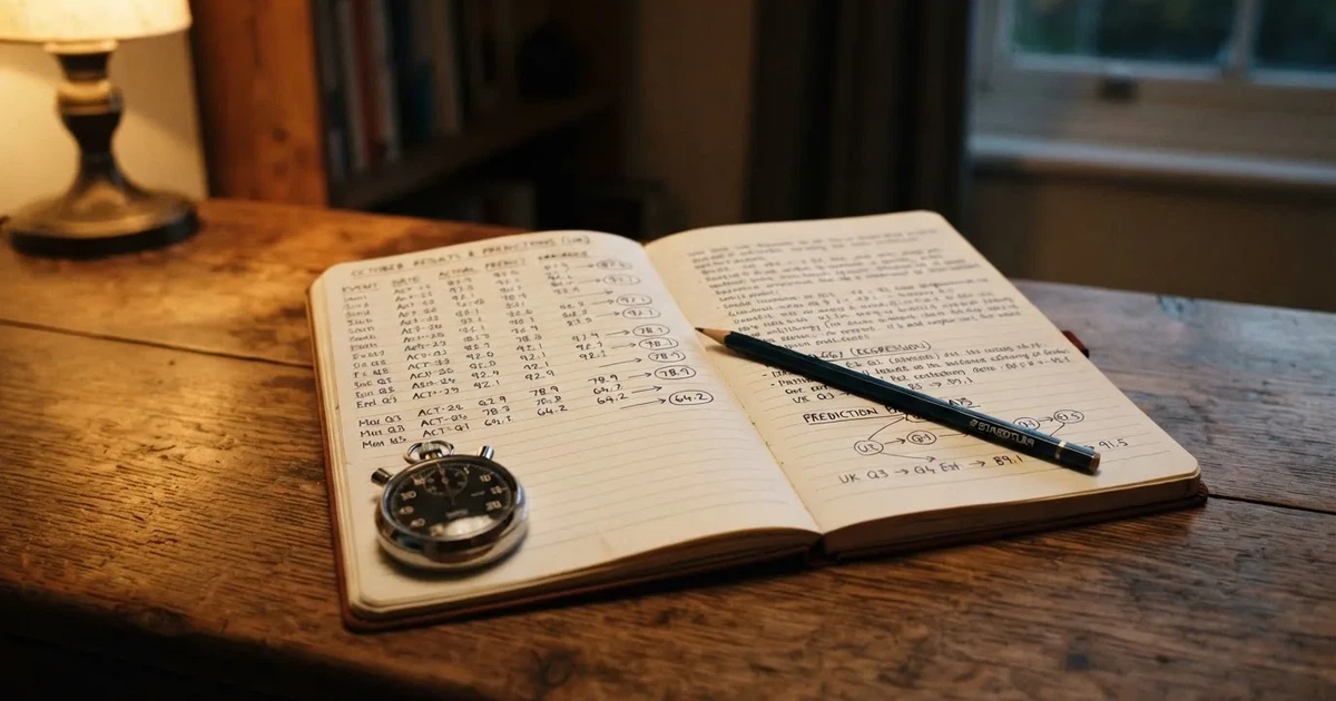 An open notebook with a pencil and a stopwatch on a wooden table