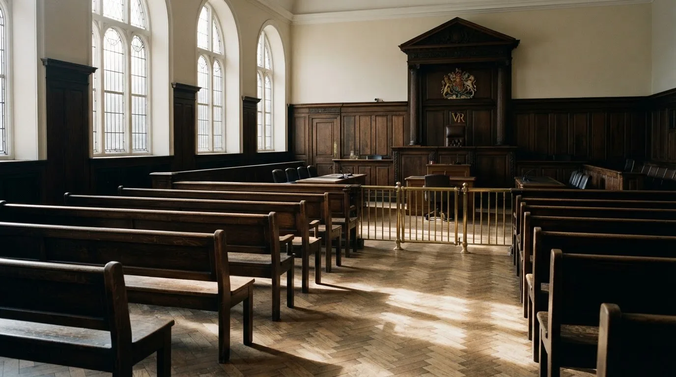 An empty courtroom with wooden benches in morning light