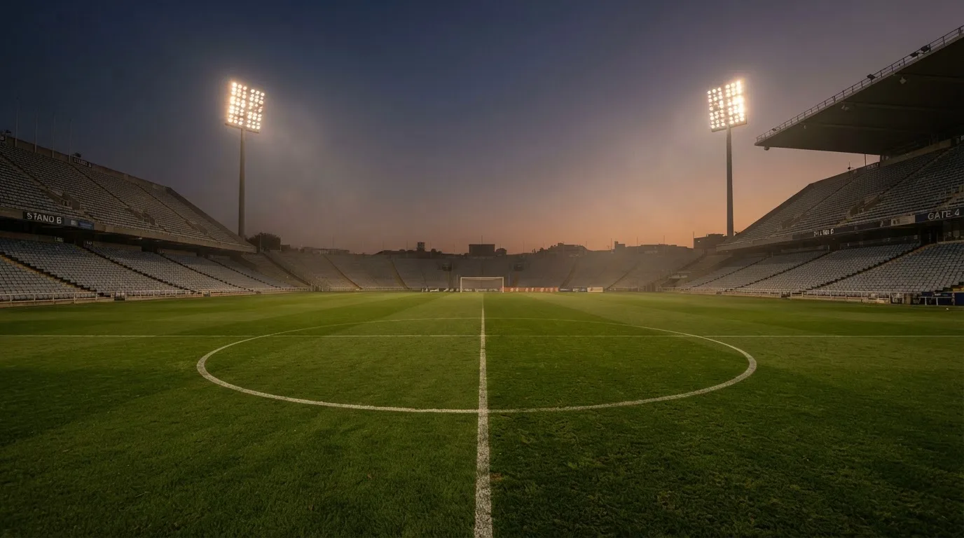 An empty football stadium with floodlight masts at dusk