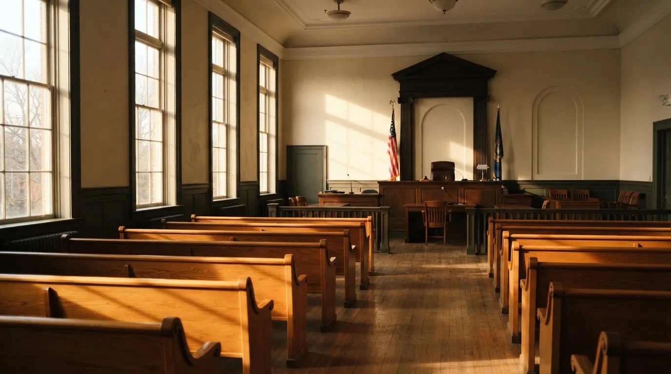 An empty courtroom with wooden benches in morning light