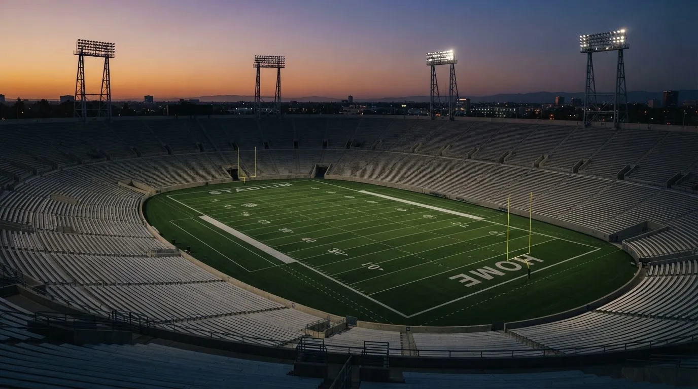 An empty football stadium with floodlight masts at dusk