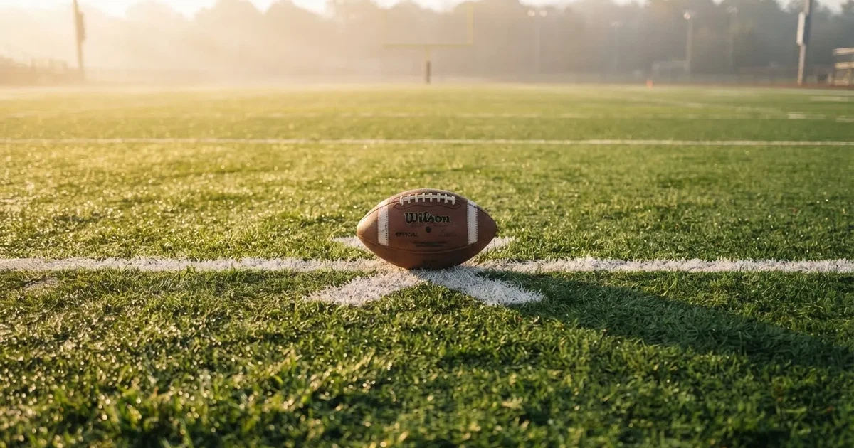 A ball on the centre spot of a grass pitch in morning light