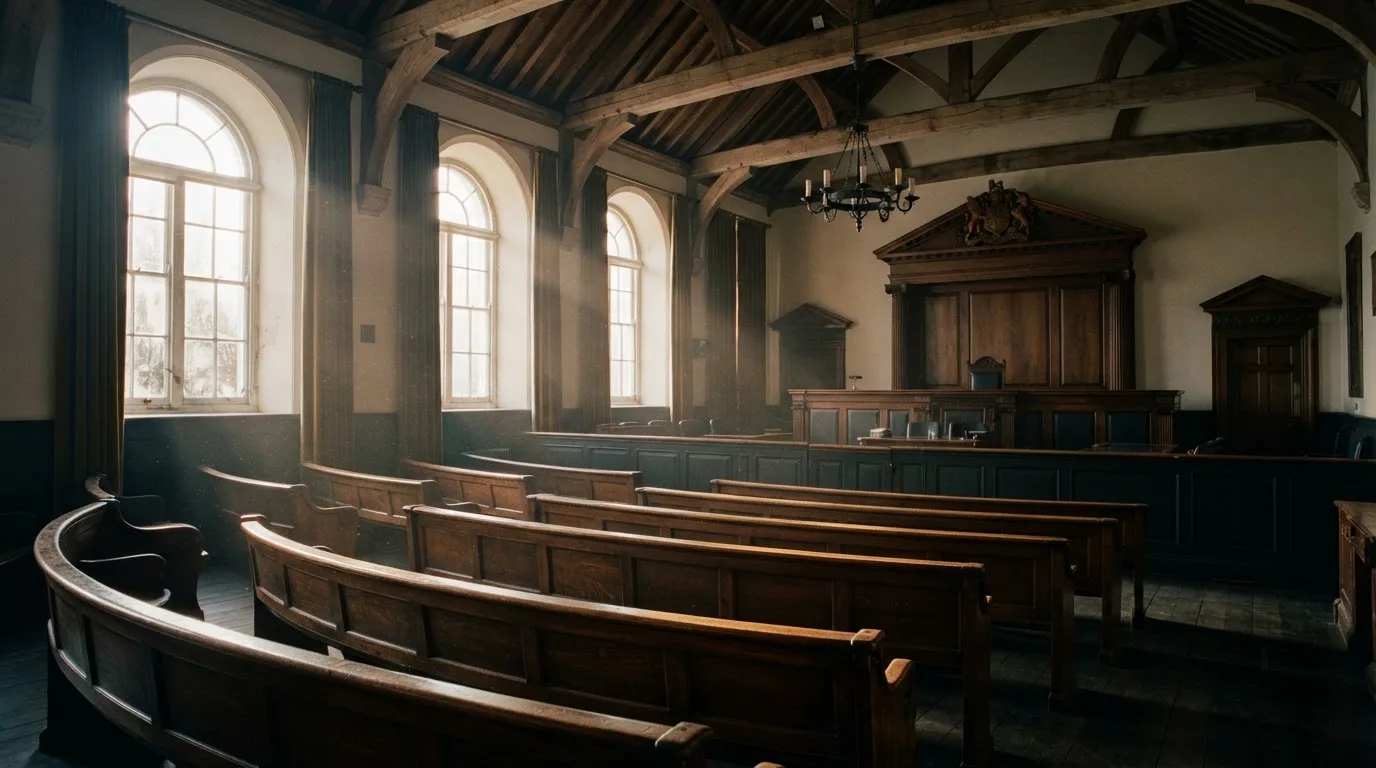 An empty courtroom with wooden benches in morning light