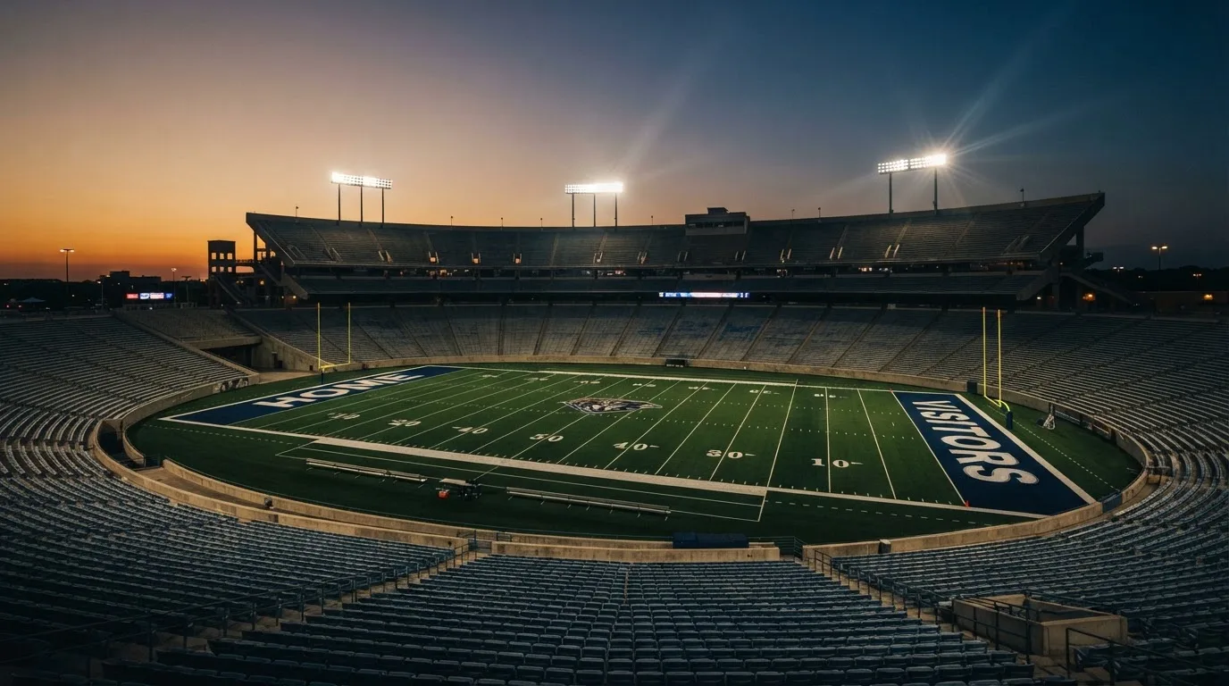 An empty football stadium with floodlight masts at dusk