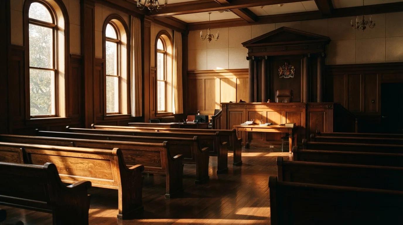 An empty courtroom with wooden benches in morning light