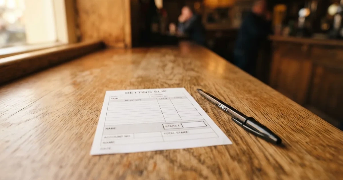 A blank paper betting slip beside a pen on a wooden counter