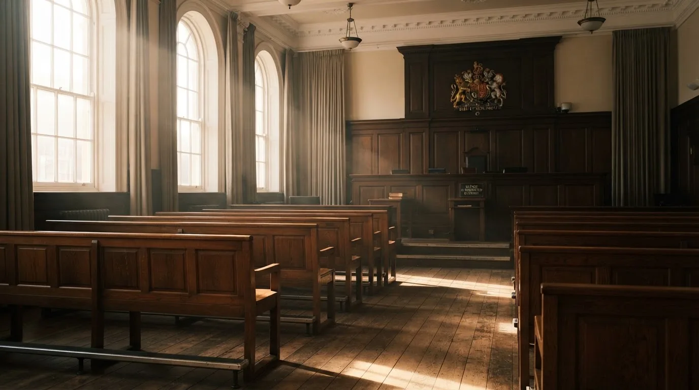 An empty courtroom with wooden benches in morning light