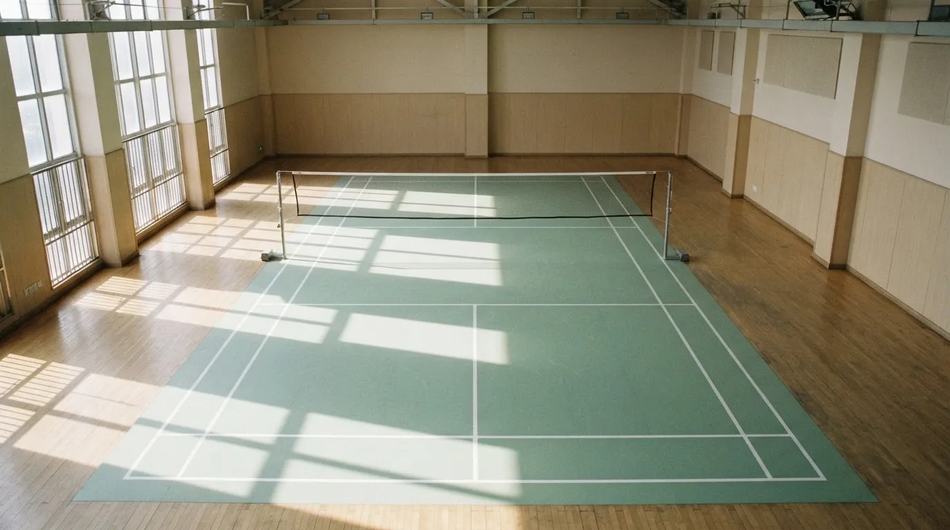 An empty courtroom with wooden benches in morning light