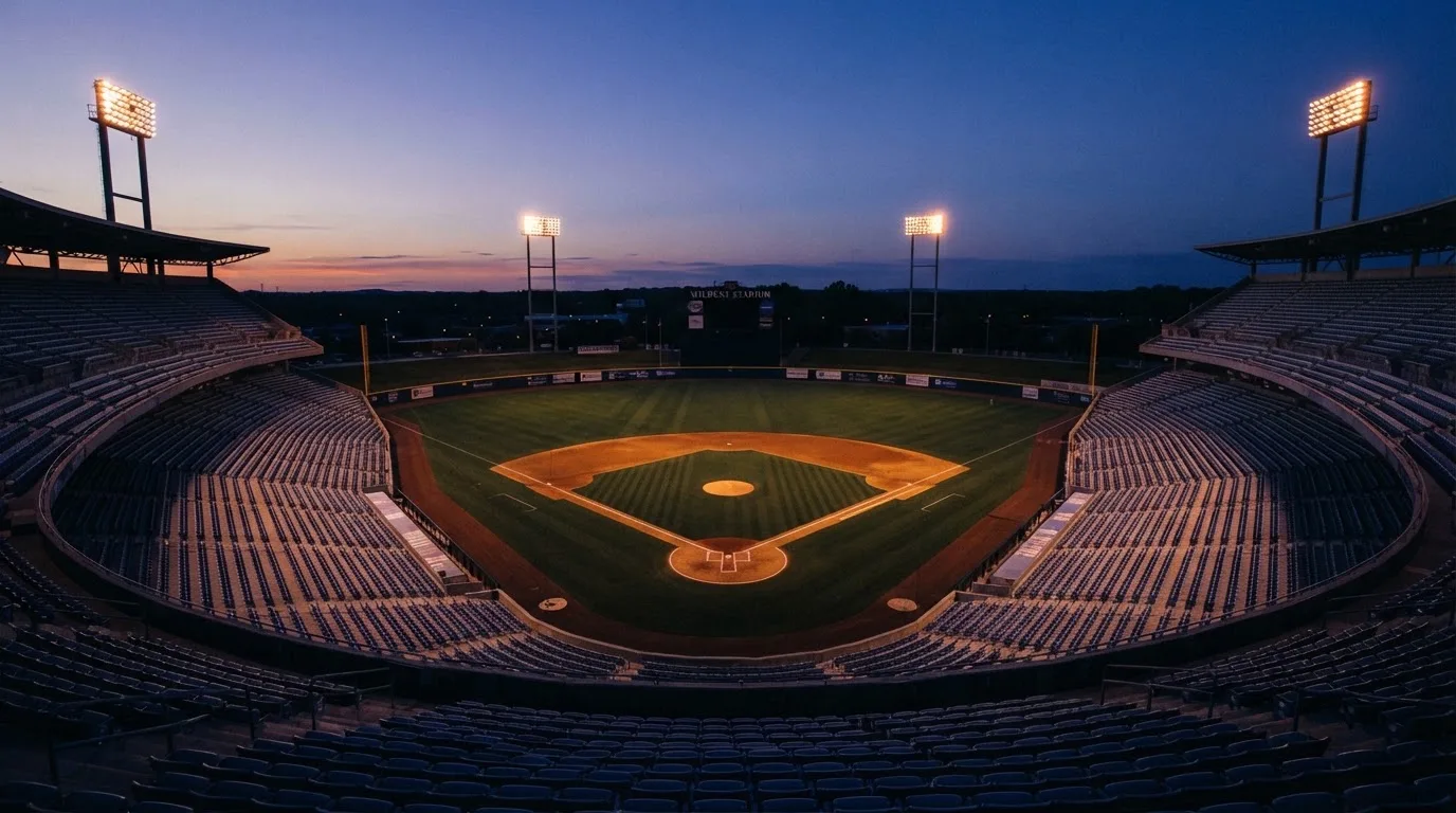 An empty football stadium with floodlight masts at dusk