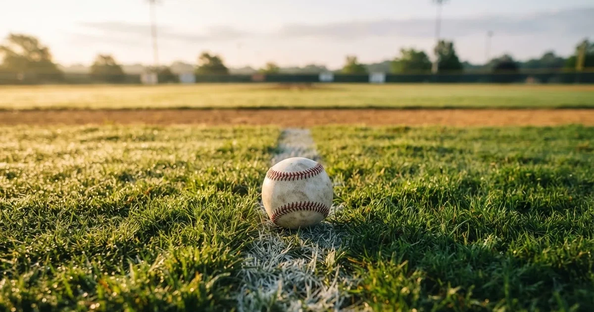 A ball on the centre spot of a grass pitch in morning light