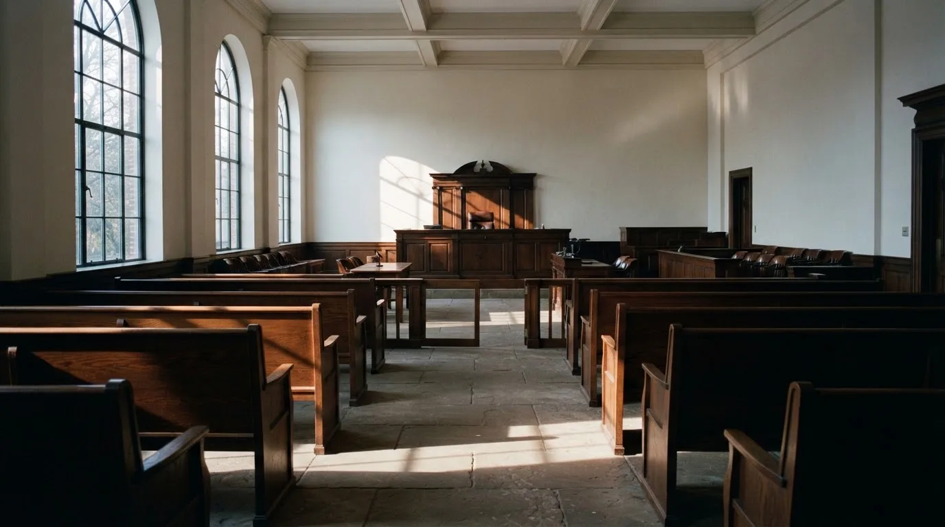 An empty courtroom with wooden benches in morning light