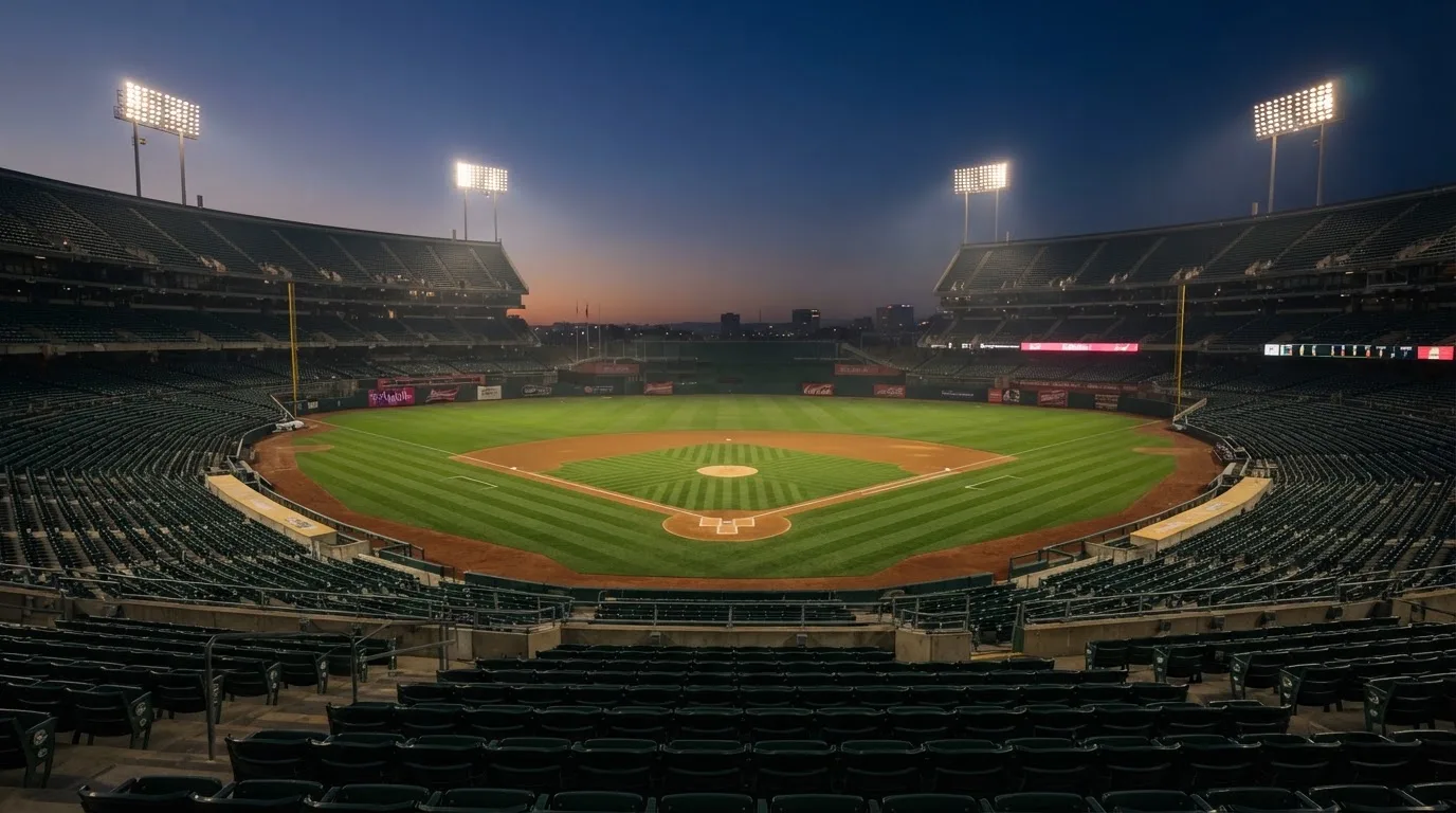 An empty football stadium with floodlight masts at dusk