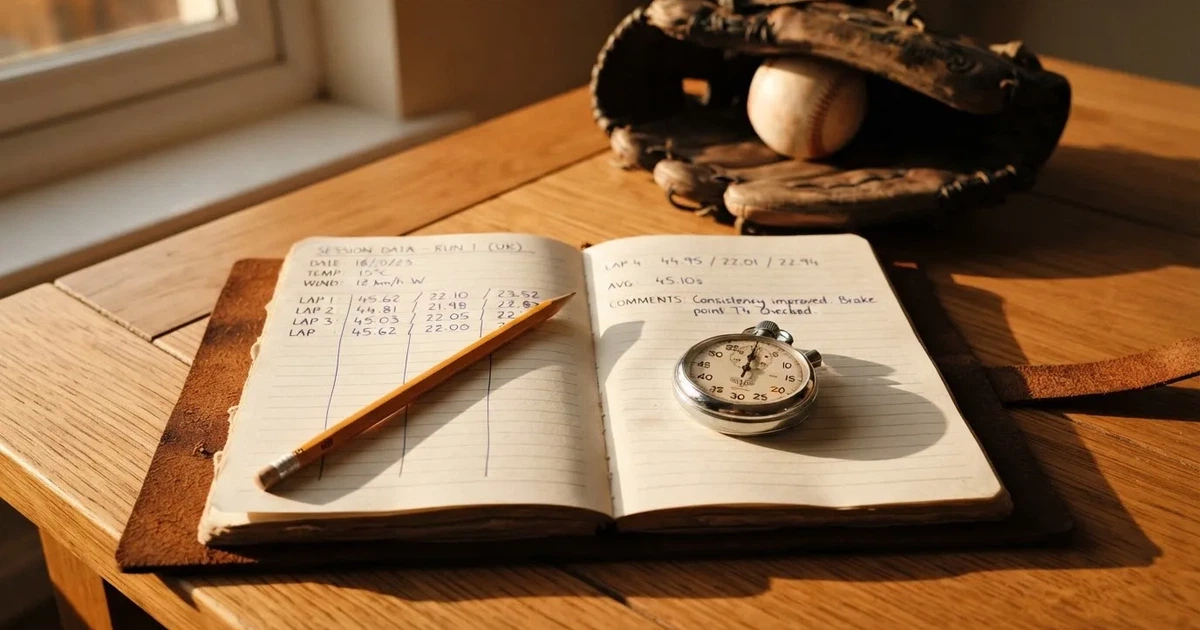 An open notebook with a pencil and a stopwatch on a wooden table