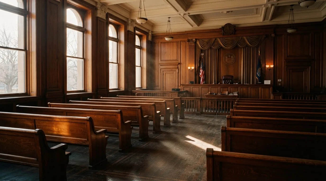An empty courtroom with wooden benches in morning light