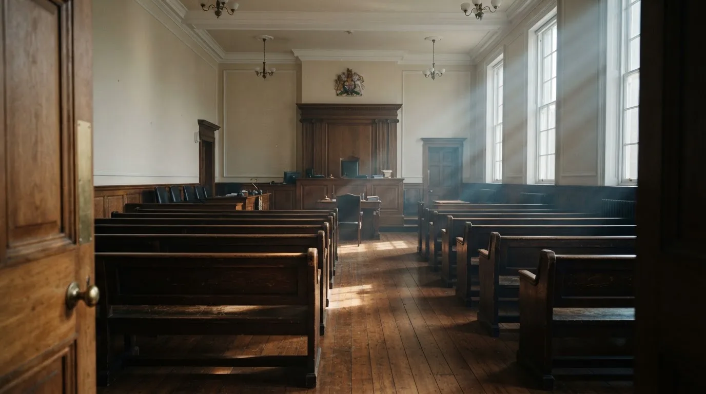 An empty courtroom with wooden benches in morning light