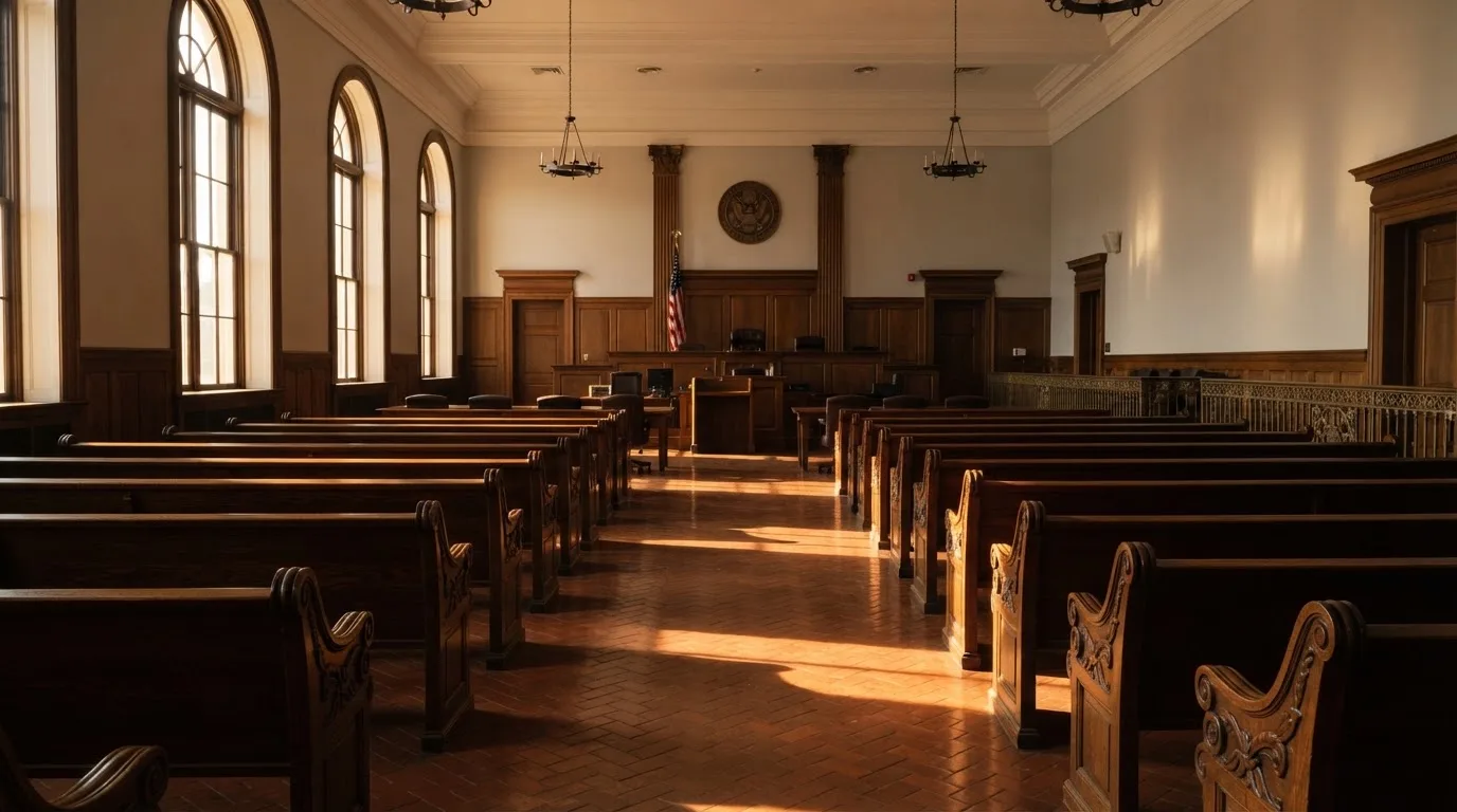 An empty courtroom with wooden benches in morning light