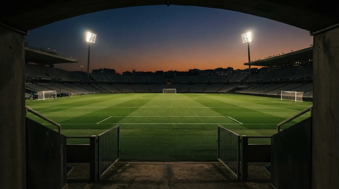 An empty football stadium with floodlight masts at dusk