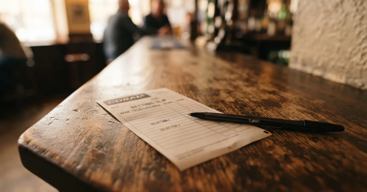 A blank paper betting slip beside a pen on a wooden counter