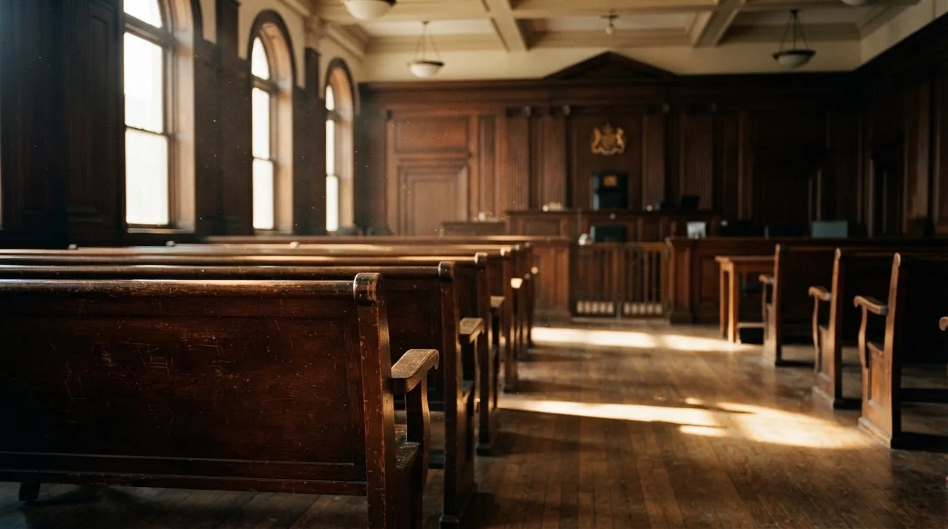 An empty courtroom with wooden benches in morning light