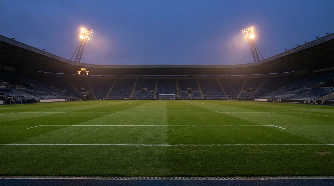 An empty football stadium with floodlight masts at dusk