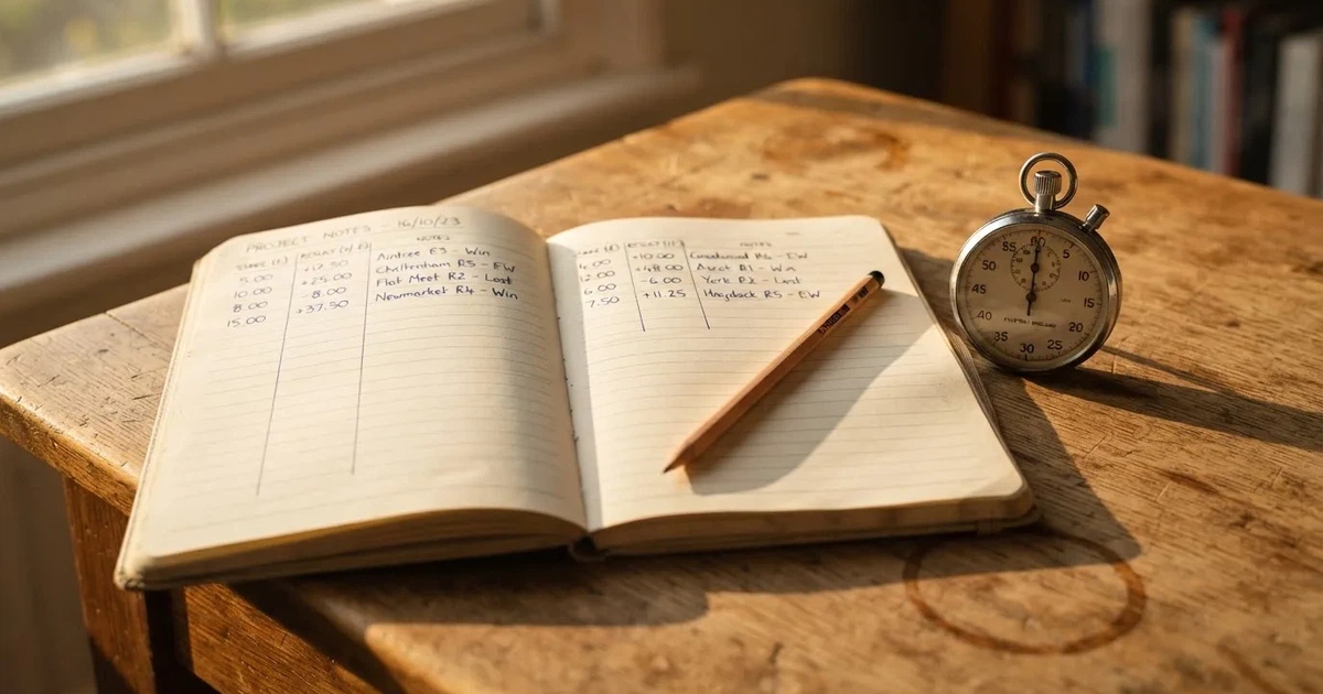 An open notebook with a pencil and a stopwatch on a wooden table