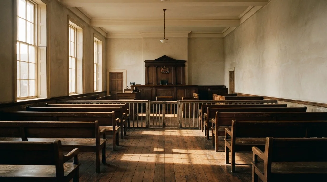 An empty courtroom with wooden benches in morning light