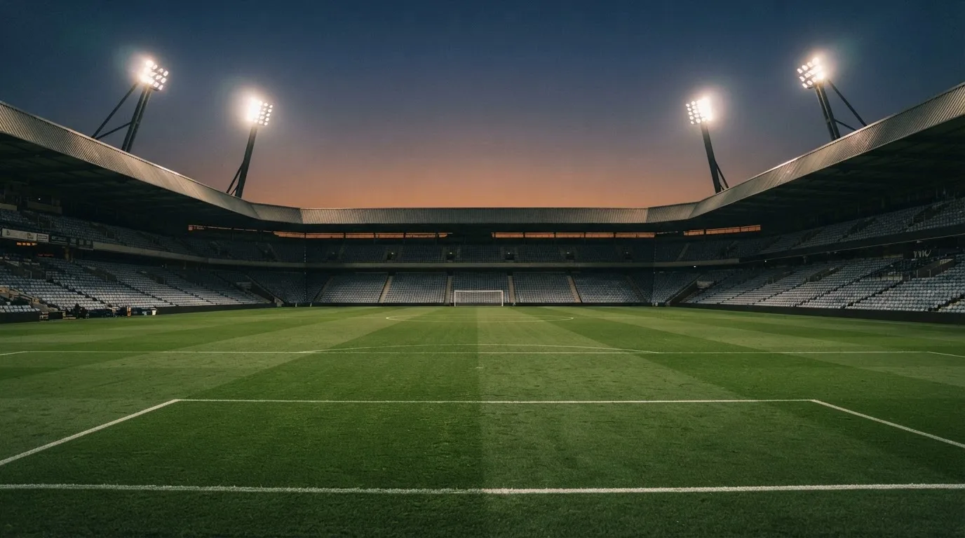 An empty football stadium with floodlight masts at dusk