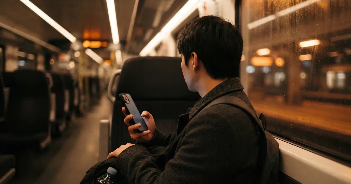 A hand holding a smartphone on a train in the evening, screen turned away