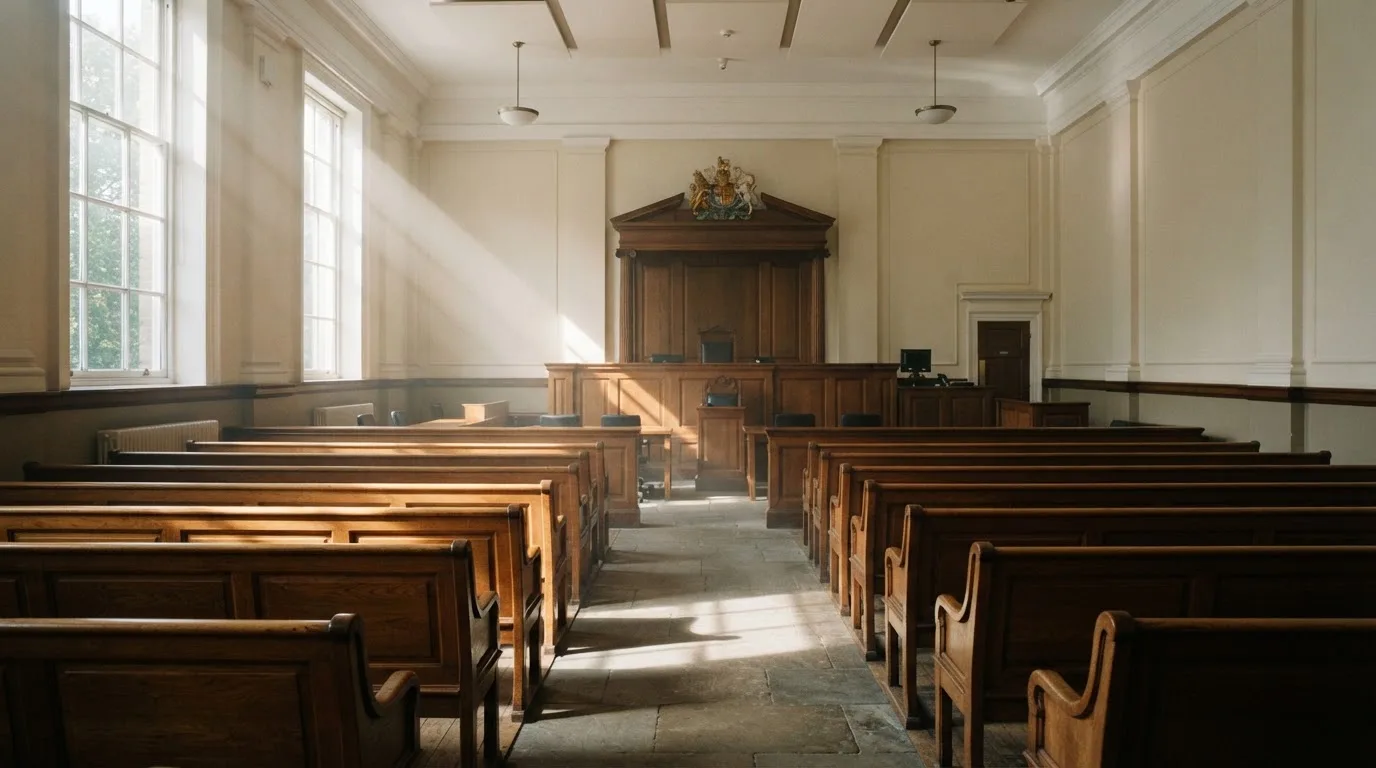 An empty courtroom with wooden benches in morning light