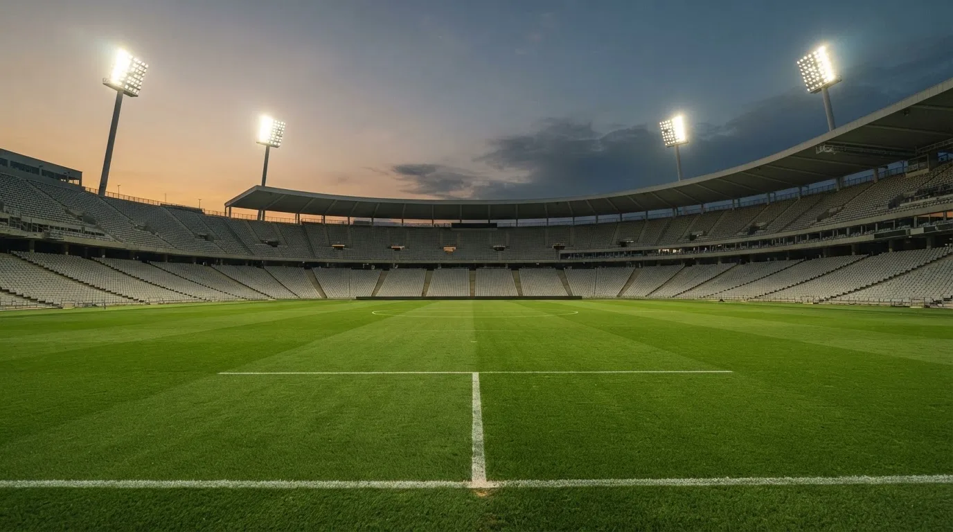 An empty football stadium with floodlight masts at dusk