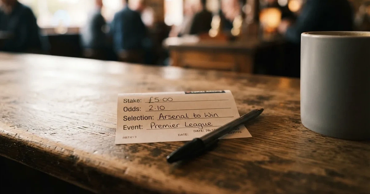 A blank paper betting slip beside a pen on a wooden counter