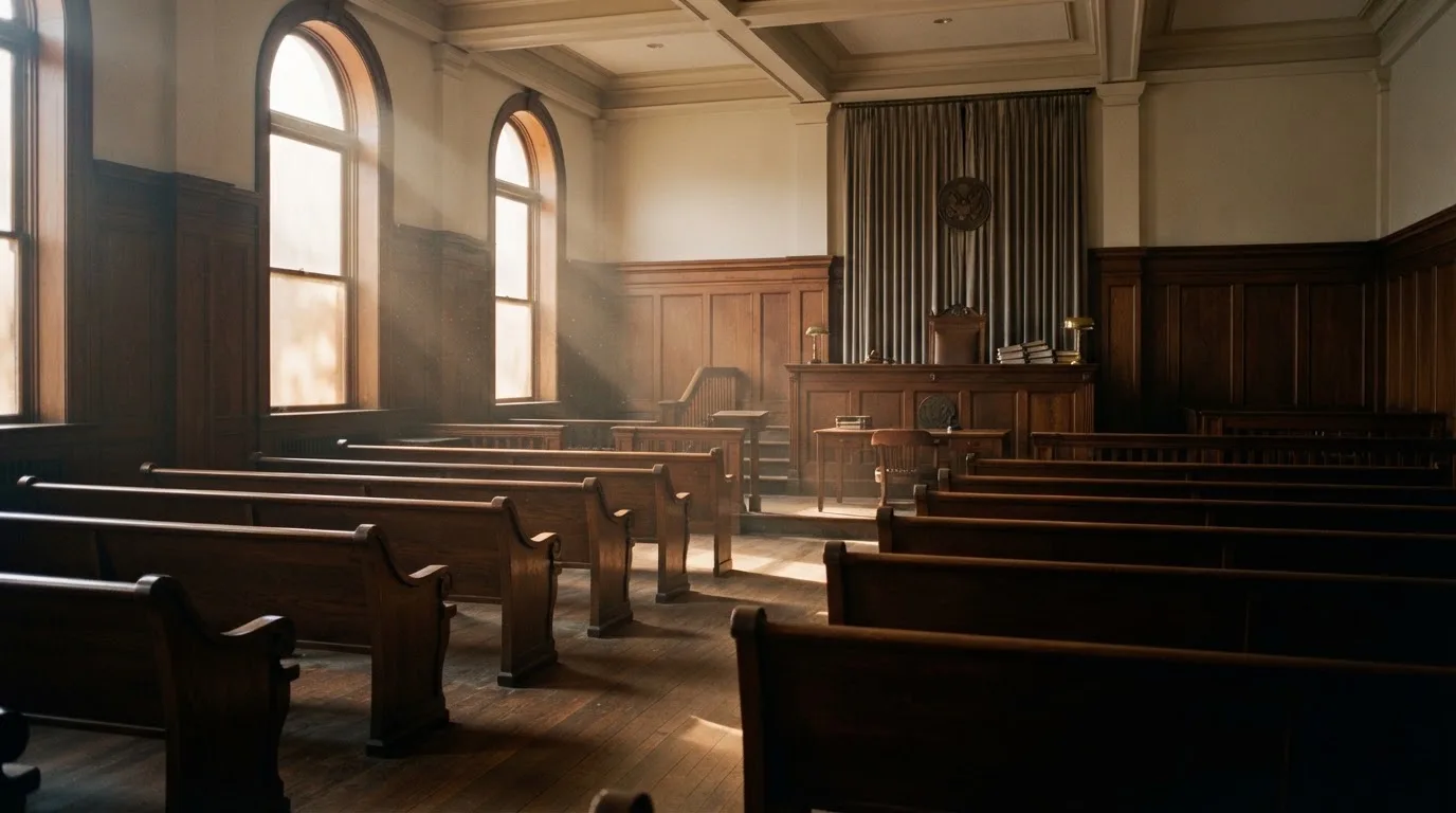 An empty courtroom with wooden benches in morning light