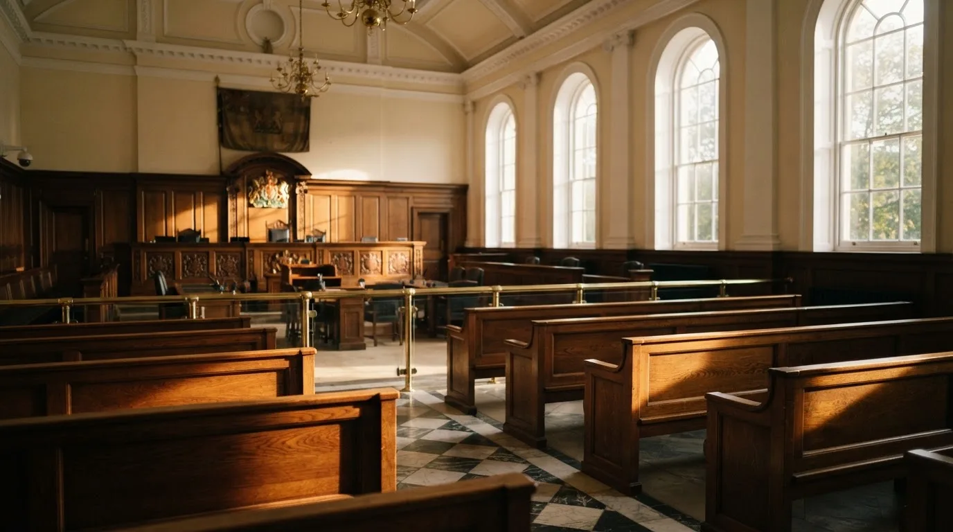 An empty courtroom with wooden benches in morning light
