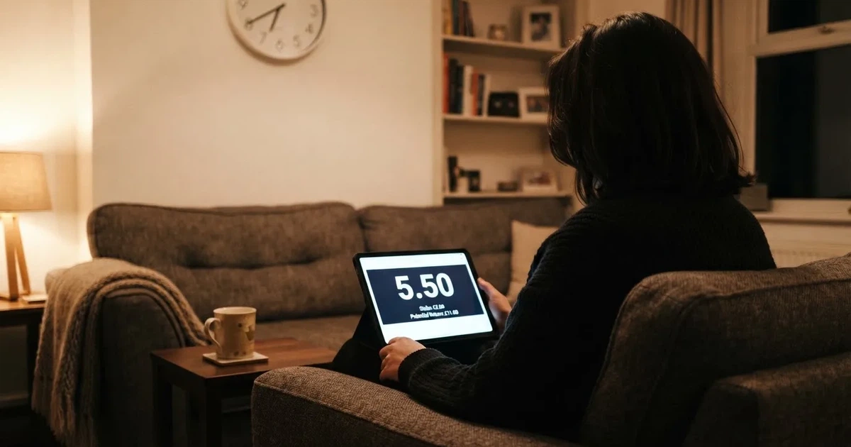 A person on a sofa looking thoughtfully at a tablet, a wall clock in the background