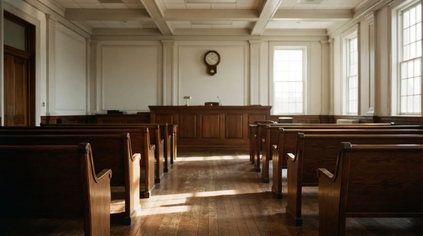 An empty courtroom with wooden benches in morning light