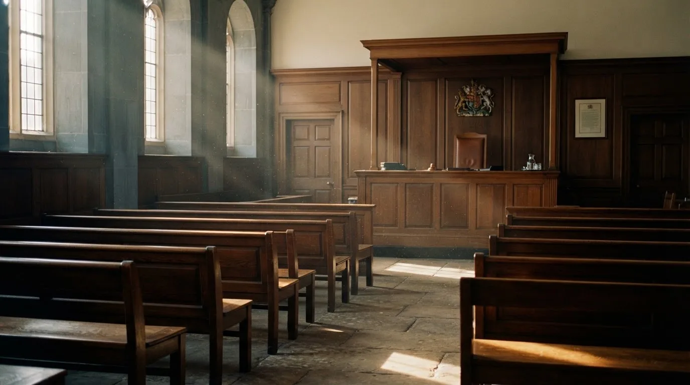An empty courtroom with wooden benches in morning light