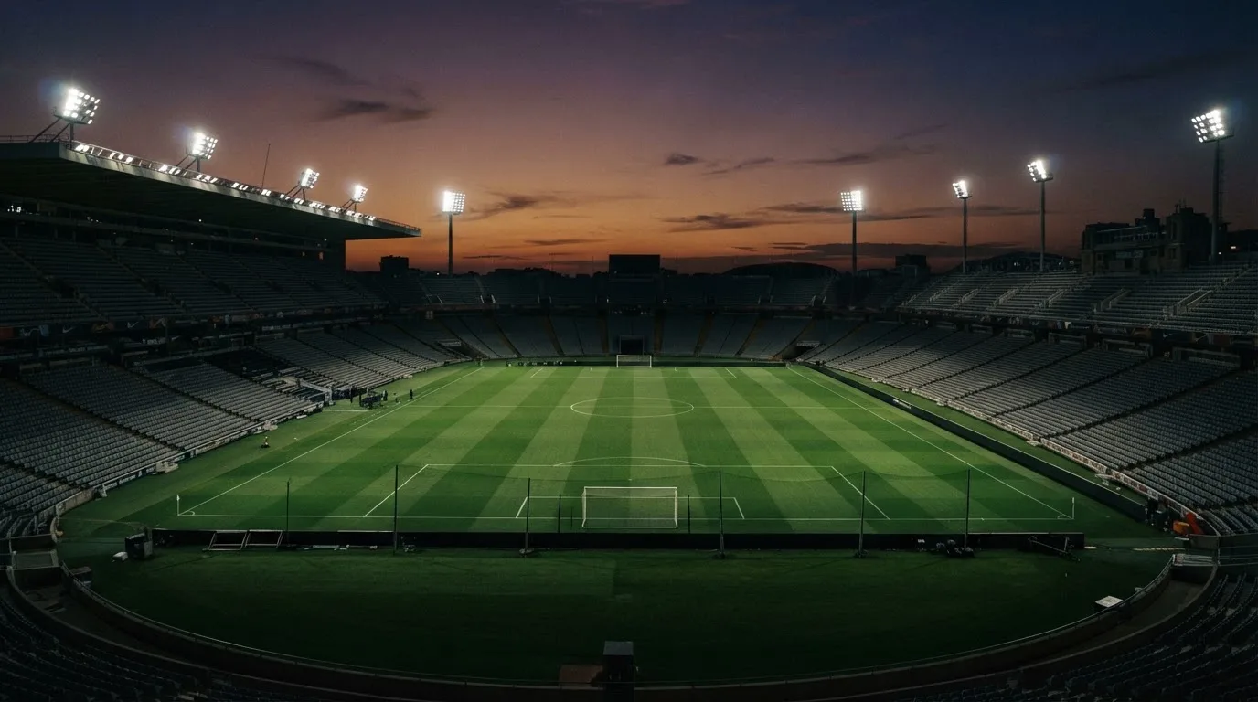 An empty football stadium with floodlight masts at dusk