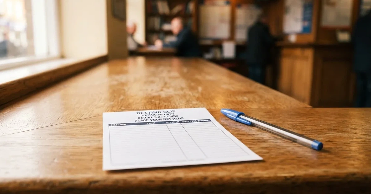 A blank paper betting slip beside a pen on a wooden counter