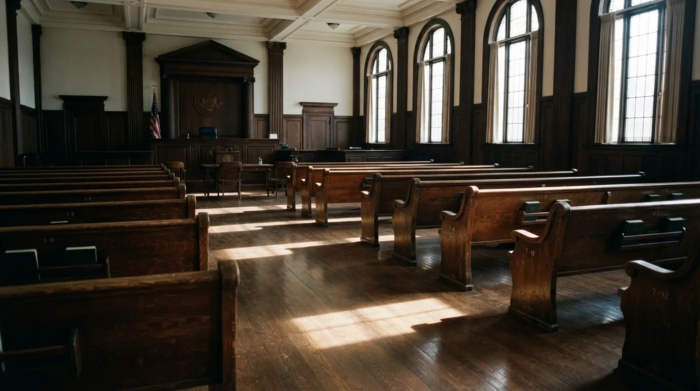 An empty courtroom with wooden benches in morning light