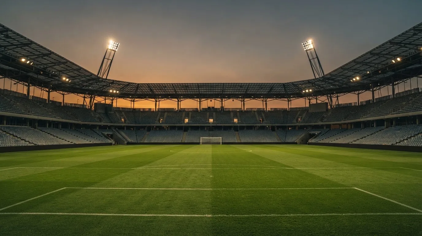 An empty football stadium with floodlight masts at dusk