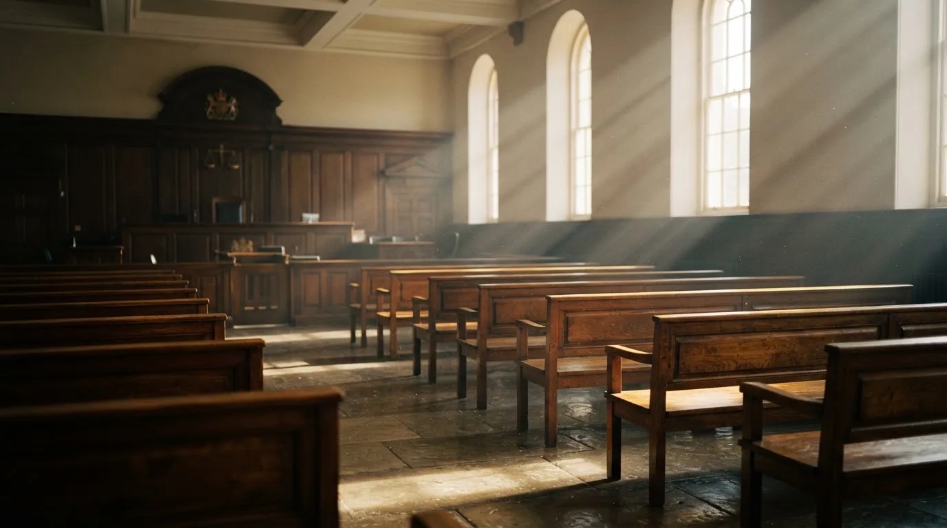 An empty courtroom with wooden benches in morning light