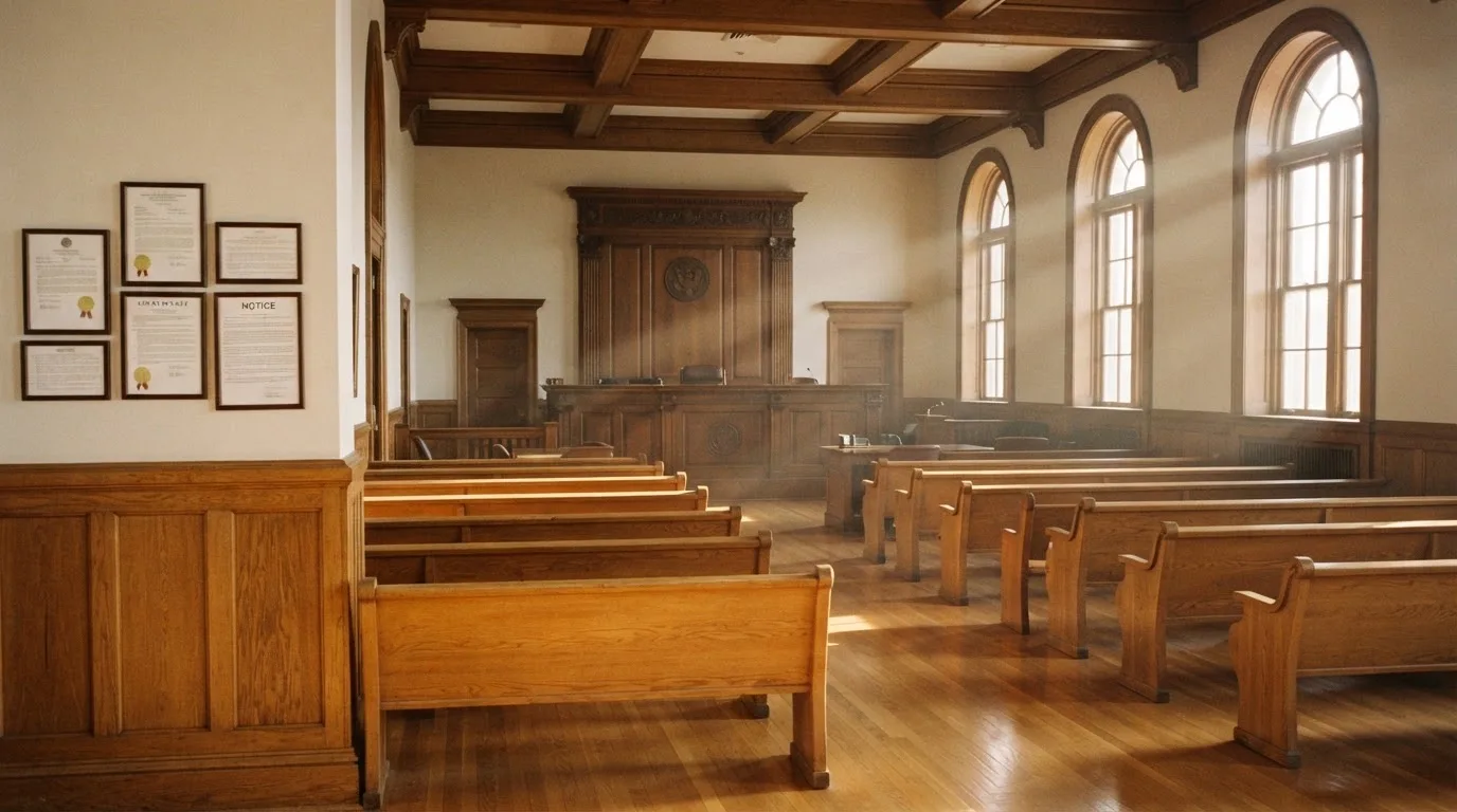 An empty courtroom with wooden benches in morning light
