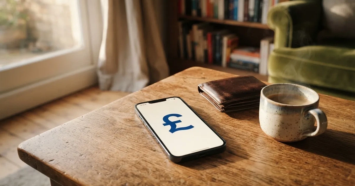 A smartphone on a wooden table beside a wallet and a coffee cup