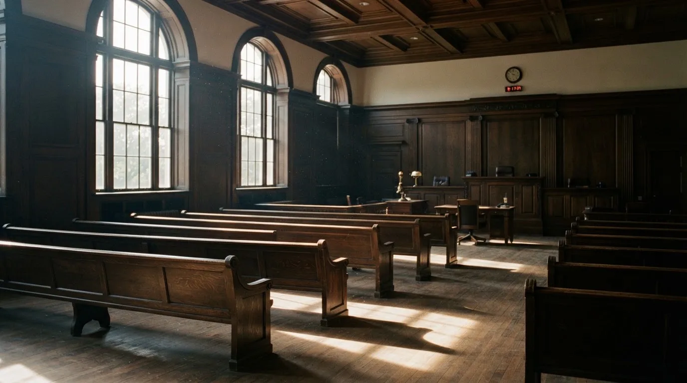 An empty courtroom with wooden benches in morning light